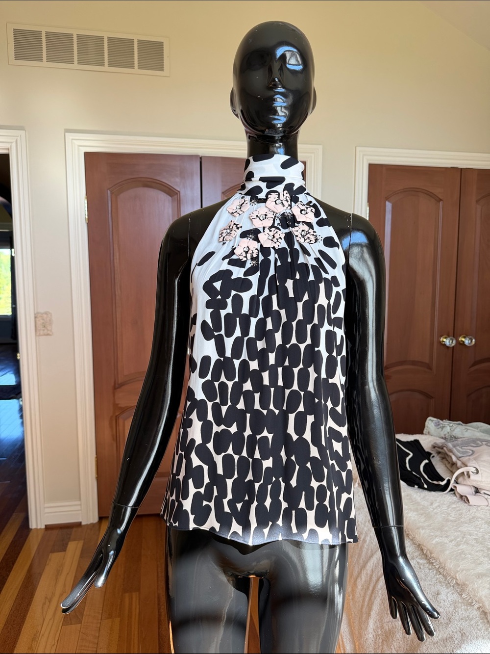 Diane Von Furstenberg Black and White Dress with Pink Floral Appliqués